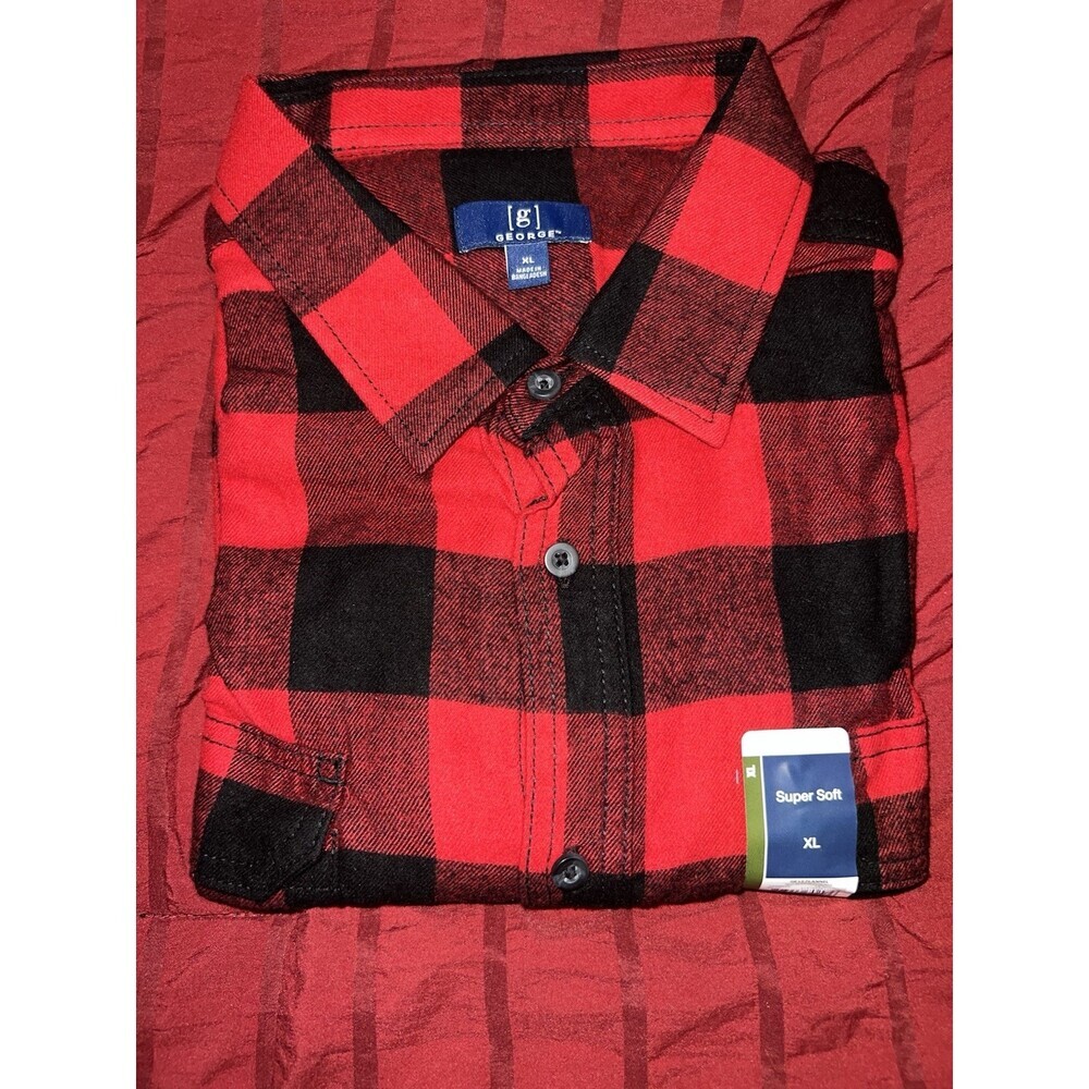 Mens George Red & Black Plaid Flannel Shirt Button Down Long Sleeve Size XL - Picture 2 of 4